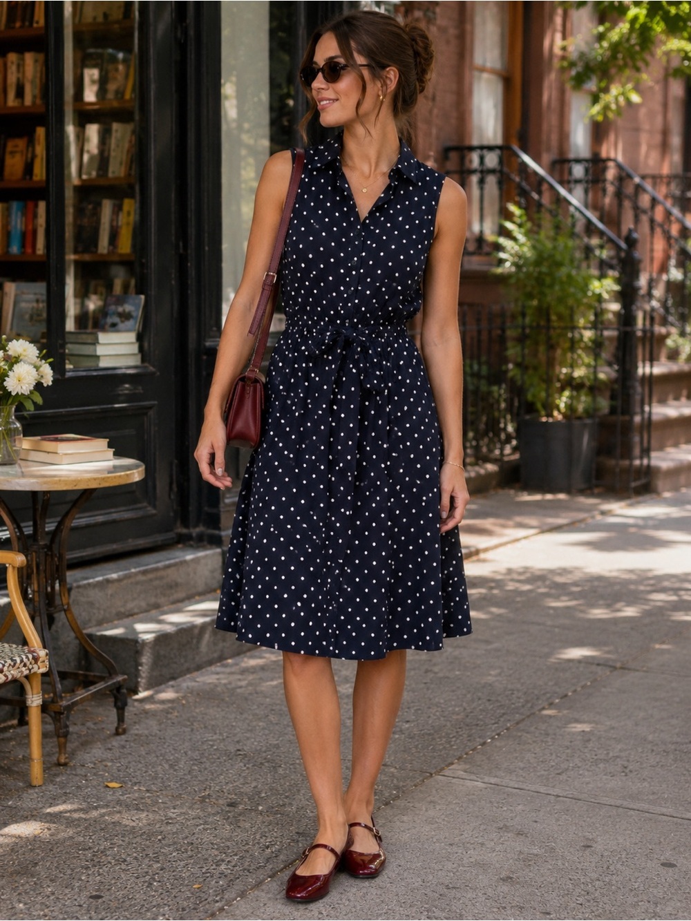 Larry Levine Navy Polka Dot Shirt Dress Large Button Front Belted Midi